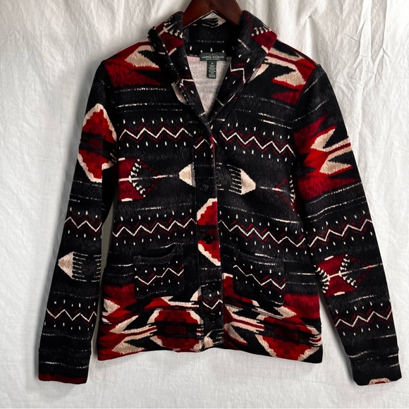 Lauren Ralph Lauren Sweater Women M Medium Aztec Cardigan Shawl Geometric Button - Picture 1 of 16